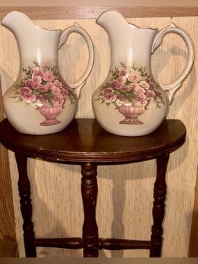 belk Cream Ceramic Pitcher Pair with Pink Rose Bouquet